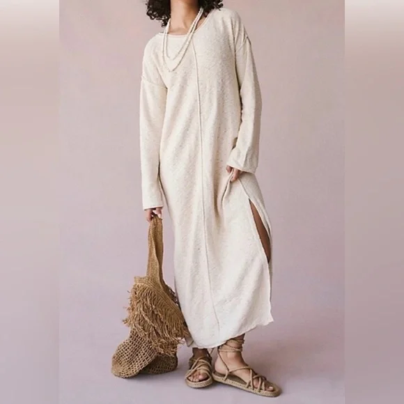 Free People Bri Sweater Maxi Dress Cream Boho Slit Lounge S - Picture 6 of 10